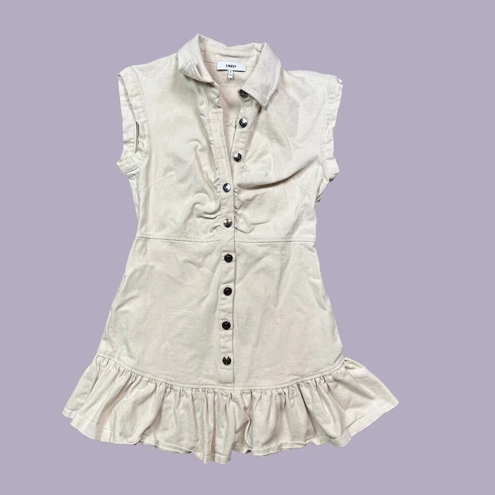 Likely Ruby 100% Cotton Ivory Cream White Denim Button Ruffle Mini Dress Size 6 - Picture 2 of 7